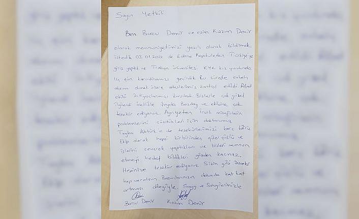 Edirne'de karantinada kalan İranlı aile, yurtta görevli AFAD personeline mektupla teşekkür etti