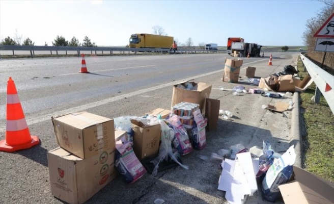Edirne'de kamyonetlerin karıştığı kazada yola dökülen kedi ve köpek mamaları trafiği aksattı